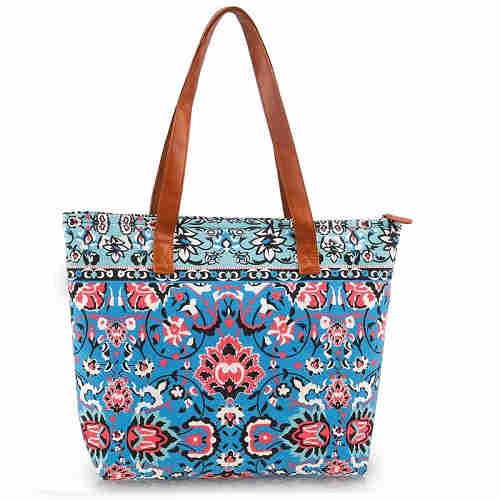 Canvas Tote Bag Zipper Closure Floral Shopper Travelling Overnight Beach Bag Work Durable Shoulder Bag