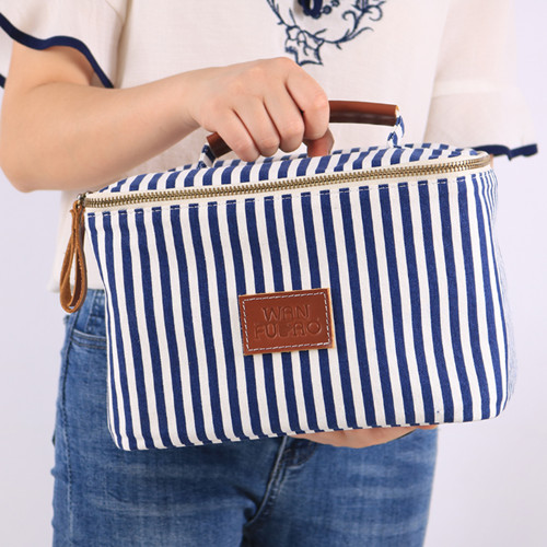 Fashion Outdoor Lunch Large Cooler Bag Stripe Canvas Insulated Cooler Food Delivery Bag